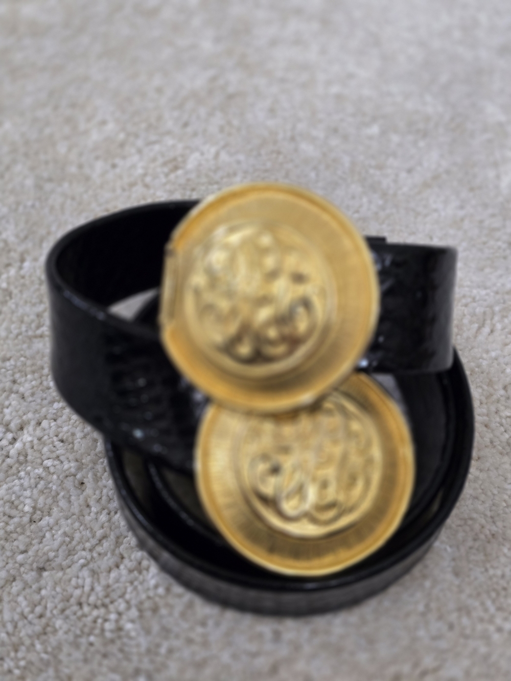Black LeatherVintage PAQUETTE  Belt Buckle with Ornate Gold Medallions